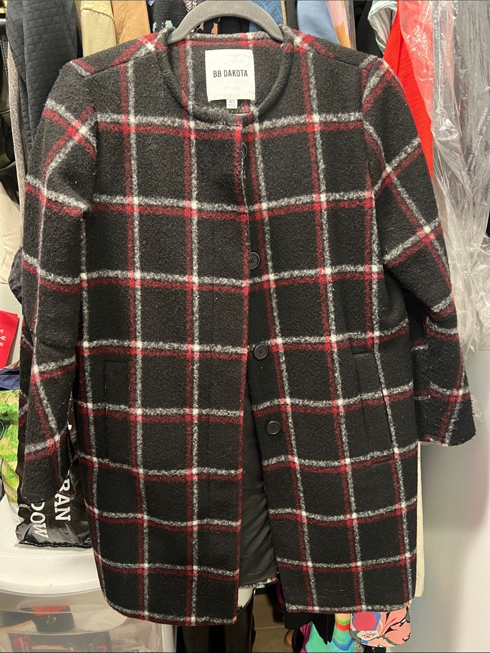 BB Dakota Black Plaid Round-Neck Button Coat with Red & Gray Checks